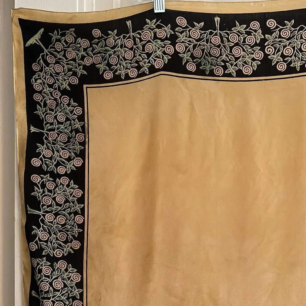 Vtg 50s/60s Cravenette gold,‎ black, green large silk water repellent silk scarf